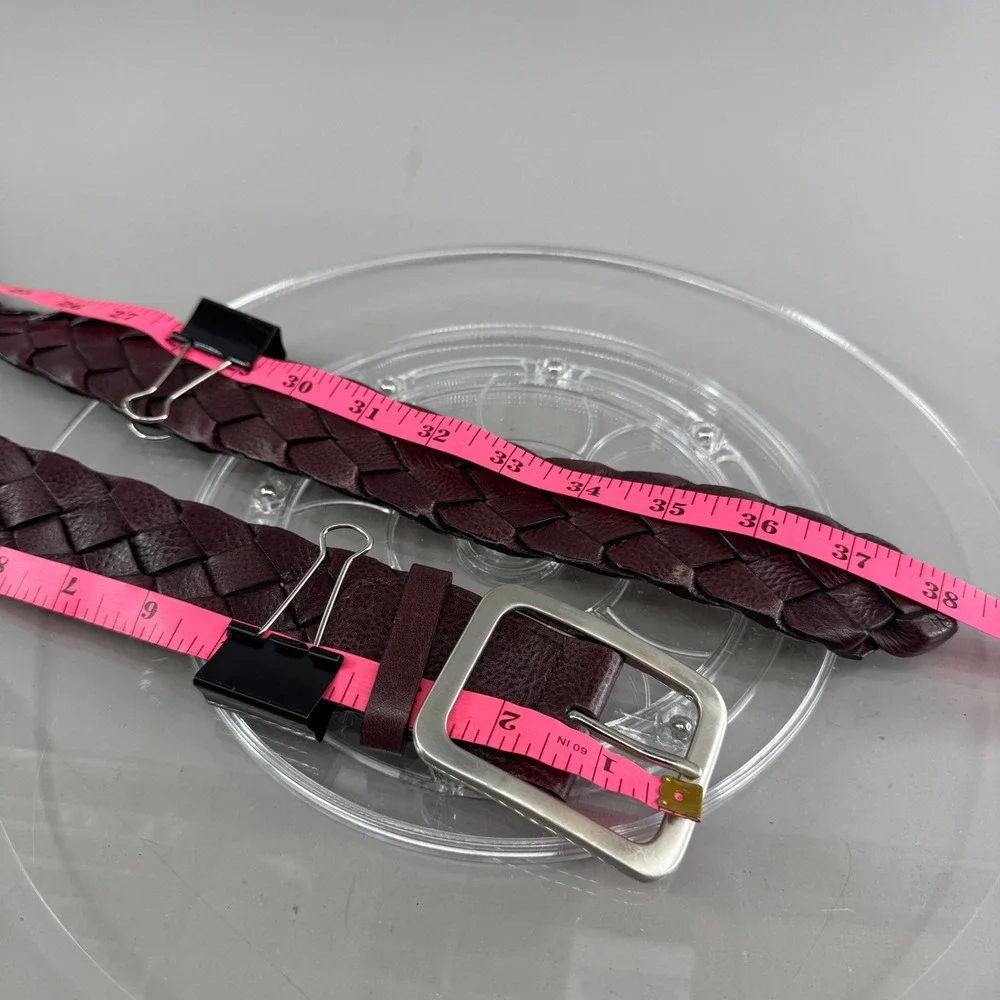 Unbranded Unisex Woven Braided Leather Belt Silver Buckle Burgundy Wine Size 28